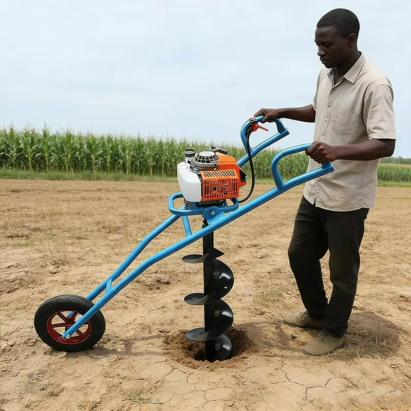 Post Hole Digger - Earth Auger Machine 99cc Wheeled Trolley